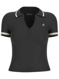 guess γυναικεία πλεκτή μπλούζα πόλο cropped ribbed με κεντημένο monogram slim fit - w6grz1z3p32 μαύρ