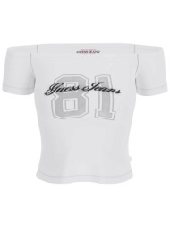 guess γυναικείο t-shirt off-shoulder με print slim fit - w6gi07j1314 λευκό