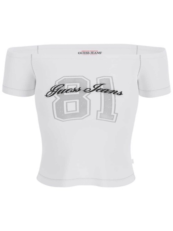 guess γυναικείο t-shirt off-shoulder με print slim fit  σε προσφορά