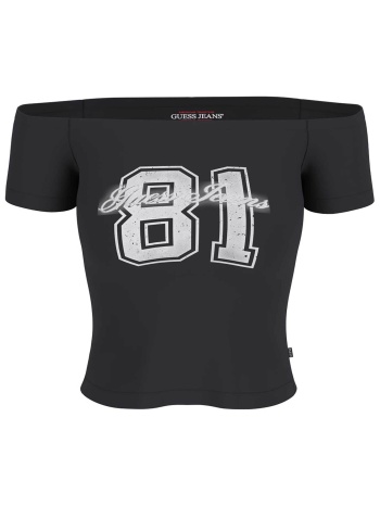 guess γυναικείο t-shirt off-shoulder με print slim fit  σε προσφορά