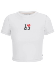 guess γυναικείο t-shirt cropped με print slim fit - w6gib1j1314 λευκό