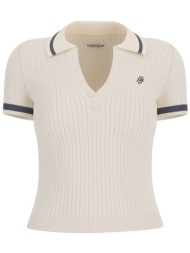 guess γυναικεία πλεκτή μπλούζα πόλο cropped ribbed με κεντημένο monogram slim fit - w6grz1z3p32 λευκ
