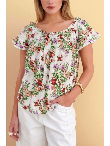 attrattivo γυναικεία μπλούζα με carmen λαιμόκοψη και floral σε προσφορά