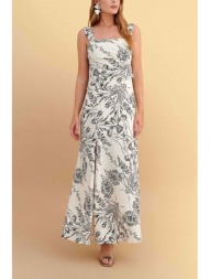 attrativo γυναικείo maxi αμάνικο φόρεμα με floral print και σκίσιμο - 91083761 μπεζ
