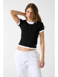 guess γυναικεία μπλούζα henley double layer ribbed με λογότυπο slim fit - w6yp07k3685 μαύρο