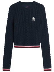 tommy jeans γυναικείο πουλόβερ με cable knit pattern slim fit - dw0dw22933 μπλε σκούρο