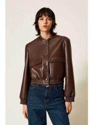 twinset γυναικείο faux leather jacket με κουμπιά - 262tp2052 καφέ
