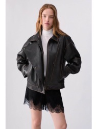 liu jo γυναικείo oversized bomber από faux δέρμα - wf6194e1106 καφέ σκούρο