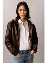 calvin klein jeans γυναικείο cropped jacket faux leather με κουκούλα relaxed fit - lv047g516g καφέ σ