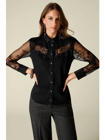 oltre γυναικείο denim πουκάμισο μονόχρωμο με δαντέλα 