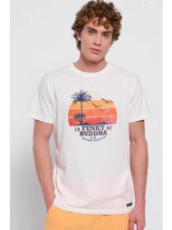 funky buddha ανδρικό βαμβακερό t-shirt μονόχρωμο με sunset print και logo patch - fbm007-038-04 κρέμ