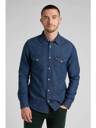 lee ανδρικό denim πουκάμισο με flap τσέπες και logo patch regular fit - l66wcuvk denim blue σκούρο