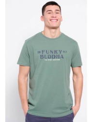funky buddha ανδρικό βαμβακερό t-shirt με contrast fainted logo print μπροστά - fbm007-367-04 λαδί