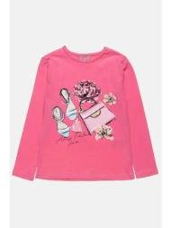 alouette παιδική βαμβακερή μπλούζα μονόχρωμη με print και διακοσμητικό φουντάκι - 00922698 φούξια