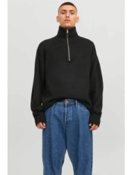 jack & jones ανδρικό μονόχρωμο πουλόβερ με 1/2 φερμουάρ relaxed fit - 12241817 μαύρο
