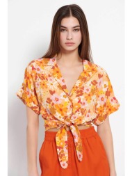 funky buddha γυναικείο πουκάμισο crop με πολύχρωμο floral print - fbl007-108-05 πορτοκαλί
