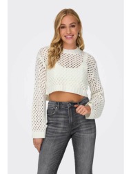 only γυναικεία πλεκτή μπλούζα cropped με διάτρητο σχέδιο regular fit - 15300575 υπόλευκο