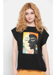 funky buddha γυναικείο βαμβακερό t-shirt μονόχρωμο με τύπωμα μπροστά - fbl007-125-04 μαύρο