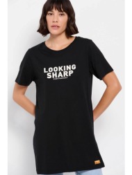 funky buddha γυναικείο βαμβακερό t-shirt μακρύ με τύπωμα στην πλάτη - fbl007-143-04 μαύρο