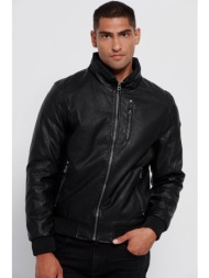 funky buddha ανδρικό biker jacket μονόχρωμο με logo patch - fbm006-062-01 μαύρο