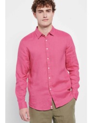 funky buddha ανδρικό λινό πουκάμισο μονόχρωμο με logo patch στην πατιλέτα - fbm007-001-05 ροζ