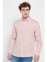 funky buddha ανδρικό λινό πουκάμισο μονόχρωμο με logo patch στην πατιλέτα - fbm007-001-05 ροζ ανοιχτ