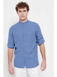 funky buddha ανδρικό πουκάμισο από λινό με ψιλό ριγέ σχέδιο - fbm007-076-05 μπλε