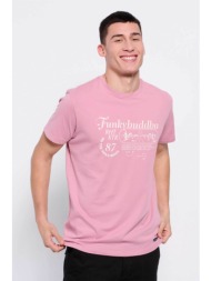 funky buddha ανδρικό βαμβακερό t-shirt μονόχρωμο με retro print μπροστά - fbm007-034-04 ροζ