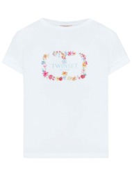 twinset γυναικείο βαμβακερό t-shirt με floral lettering logo - 241tp2214 λευκό