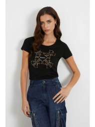guess γυναικείο βαμβακερό t-shirt με στρας logo μπροστά - w4ri35j1314 μαύρο