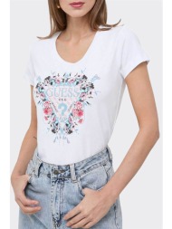 guess γυναικείο t-shirt βαμβακερό με floral σχέδιο και logo με στρας λεπτομέρειες - w4ri38j1314 λευκ