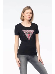 guess γυναικείο βαμβακερό t-shirt με τριγωνικό logo και στρας λεπτομέρειες - w4ri44j1314 μαύρο