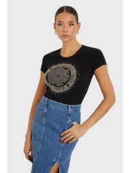 guess γυναικείο βαμβακερό t-shirt με ανάγλυφο σχέδιο και στρας λεπτομέρειες - w4ri47j1314 μαύρο