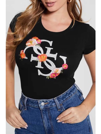 guess γυναικείο t-shirt βαμβακερό με floral σχέδιο και logo