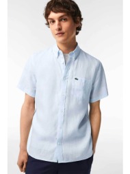 lacoste ανδρικό λινό πουκάμισο μονόχρωμο με απλικέ τσέπη με λογότυπο και κοντό μανίκι - ch5699 σιελ