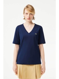 lacoste γυναικείο t-shirt μονόχρωμο με v λαιμόκοψη relaxed fit - tf7300 μπλε σκούρο