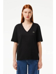 lacoste γυναικείο t-shirt μονόχρωμο με v λαιμόκοψη relaxed fit - tf7300 μαύρο