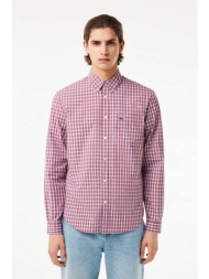 lacoste ανδρικό βαμβακερό πουκάμισο με καρό σχέδιο και ανάγλυφη λεπτομέρεια - ch6981 μπορντό