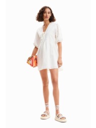 desigual γυναικείο mini φόρεμα μονόχρωμο βαμβακερό με διάτρητο σχέδιο `lombard` - 24swvw60 λευκό