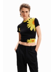 desigual γυναικείο t-shirt με all-over ribbed υφή και daisies print `margaritas` - 24swtkav μαύρο