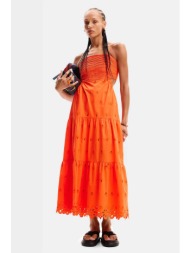 desigual γυναικείο maxi βαμβακερό φόρεμα μονόχρωμο με σχέδιο με δαντέλα `malver` - 24swvw12 πορτοκαλ