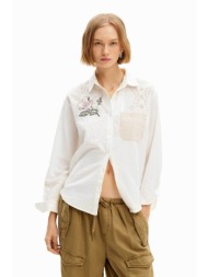 desigual γυναικείο πουκάμισο μονόχρωμο με σχέδιο με δαντέλα και crochet τσέπη `turin` - 24swcw20 λευ