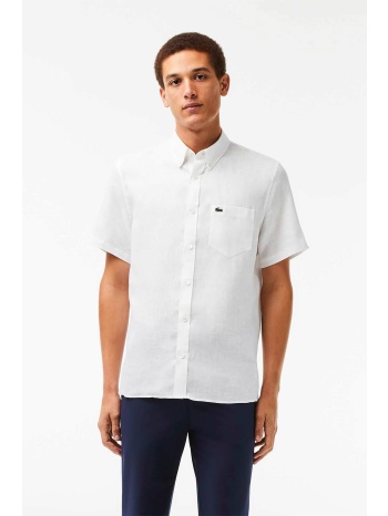 lacoste ανδρικό λινό πουκάμισο μονόχρωμο με απλικέ τσέπη με
