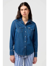 wrangler® γυναικείο denim πουκάμισο βαμβακερό μονόχρωμο με τσέπες μπροστά `heritage` - 112351960 den