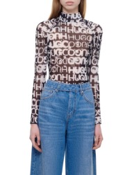 hugo boss γυναικεία μπλούζα με all-over contrast logo print και σούρες μπροστά `damaryllis` - 505052