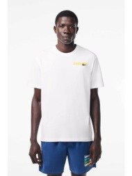lacoste ανδρικό βαμβακερό t-shirt μονόχρωμο με πολύχρωμο logo print - th7544 λευκό