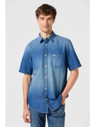 wrangler® ανδρικό denim πουκάμισο μονόχρωμο με τσέπη μπροστά και πιέτα πίσω - 112350183 denim blue