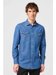 wrangler® ανδρικό denim πουκάμισο μονόχρωμο με τσέπες flap μπροστά - 112350488 denim blue