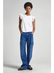 pepe jeans γυναικείο t-shirt μονόχρωμο βαμβακερό με δαντέλα στα μανίκια - pl505849 λευκό