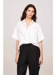tommy hilfiger γυναικείο λινό πουκάμισο μονόχρωμο με κεντημένη λεπτομέρεια - ww0ww41392 λευκό